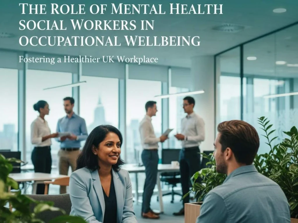 Mental health social worker providing guidance to employee in a UK workplace